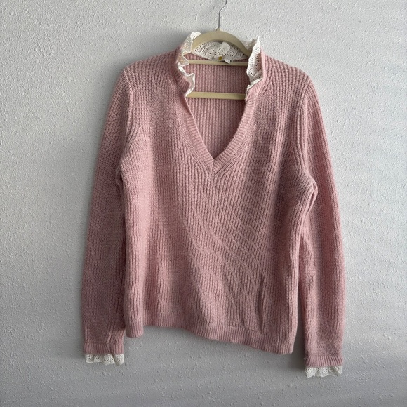 Boden Light Pink Lace Trim Ribbed Knit Sweater - Picture 1 of 5